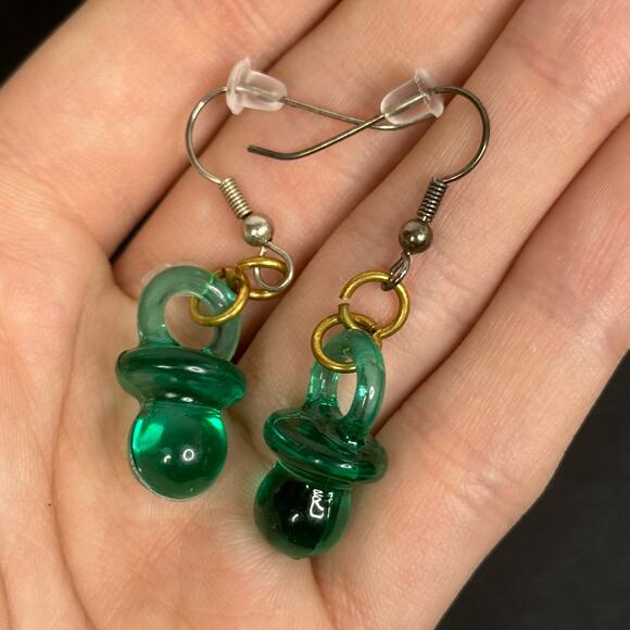 Vintage 90s Y2K Pacifier Green Earrings - Picture 2 of 4